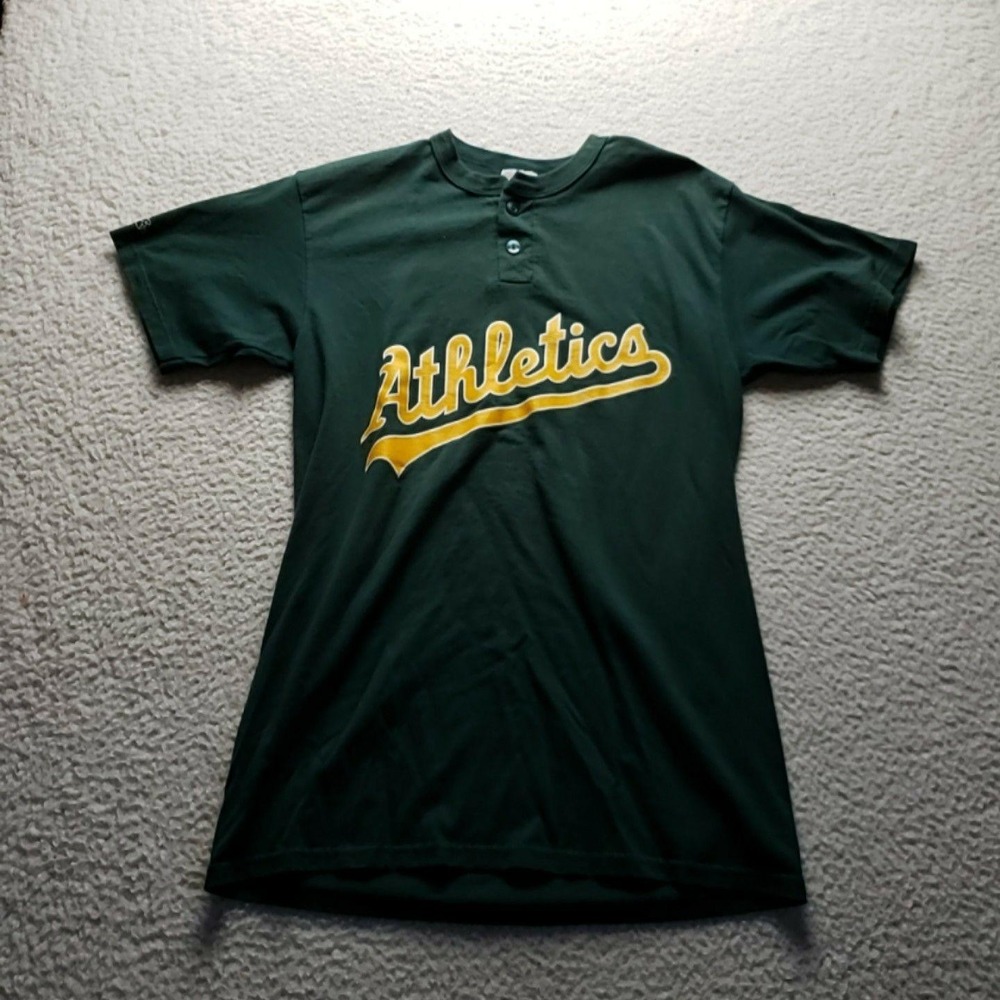 Oakland Athletics Shirt Mens Medium Green MLB Baseball Majestic Henley Number 12